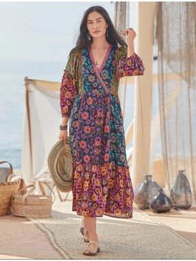 Sundance Tropic Dreams Floral Block Print Tiered Midi Dress S Cotton